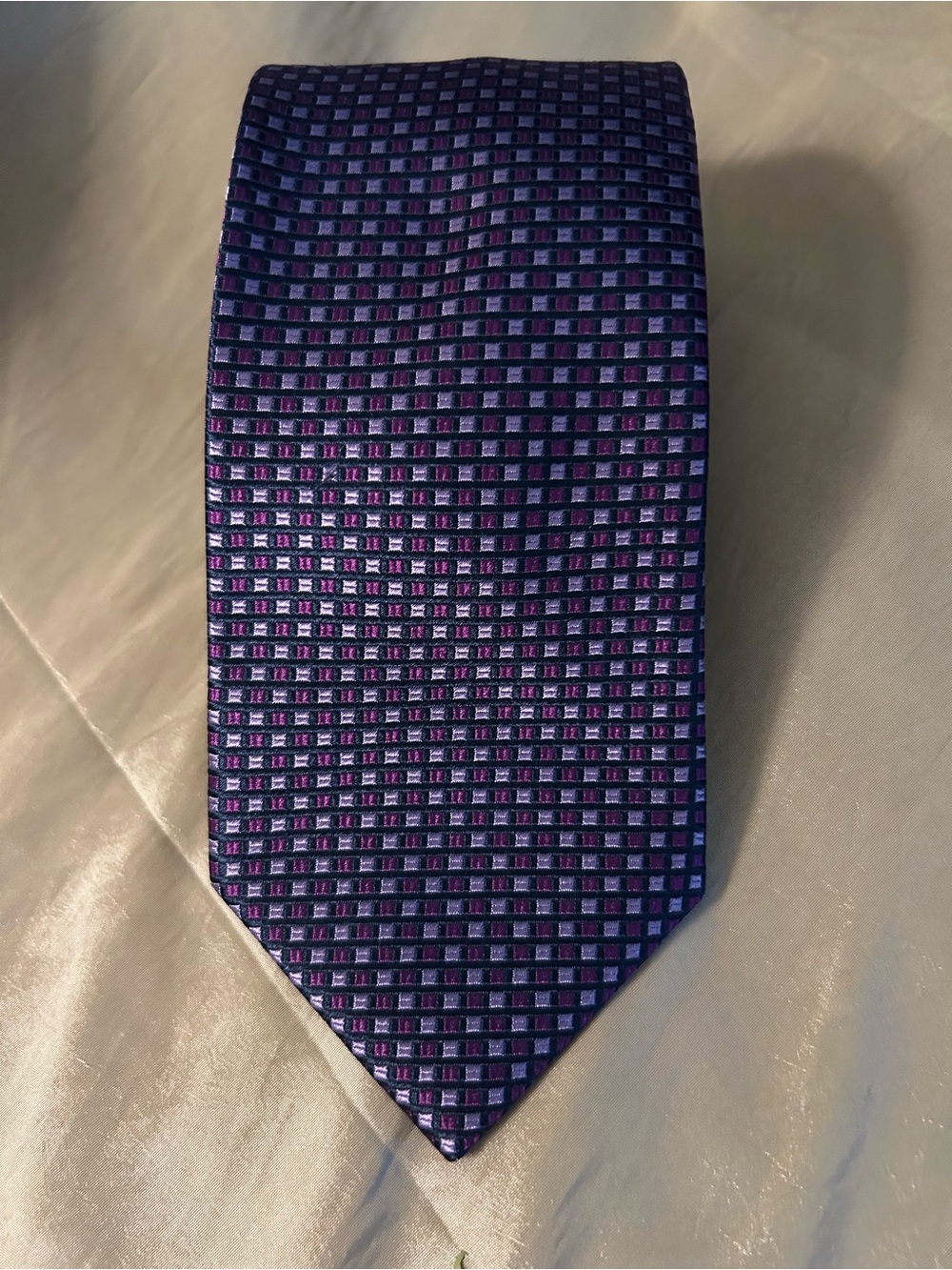 Perry Ellis Purple and pink , Blue Geometric Grid Tie 100%silk